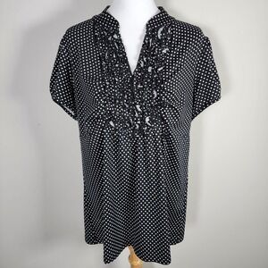 Halo Polkadot Blouse Womens Large Black White Stretch Ruffle Polka Dot Top Tee